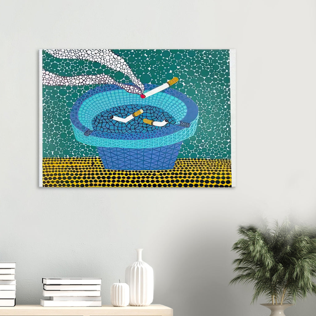 Yayoi Kusama canvas print — Ashtray (2) returns to the everyday smoking accessory but distinguishes this image as a second listed treatment of the motif