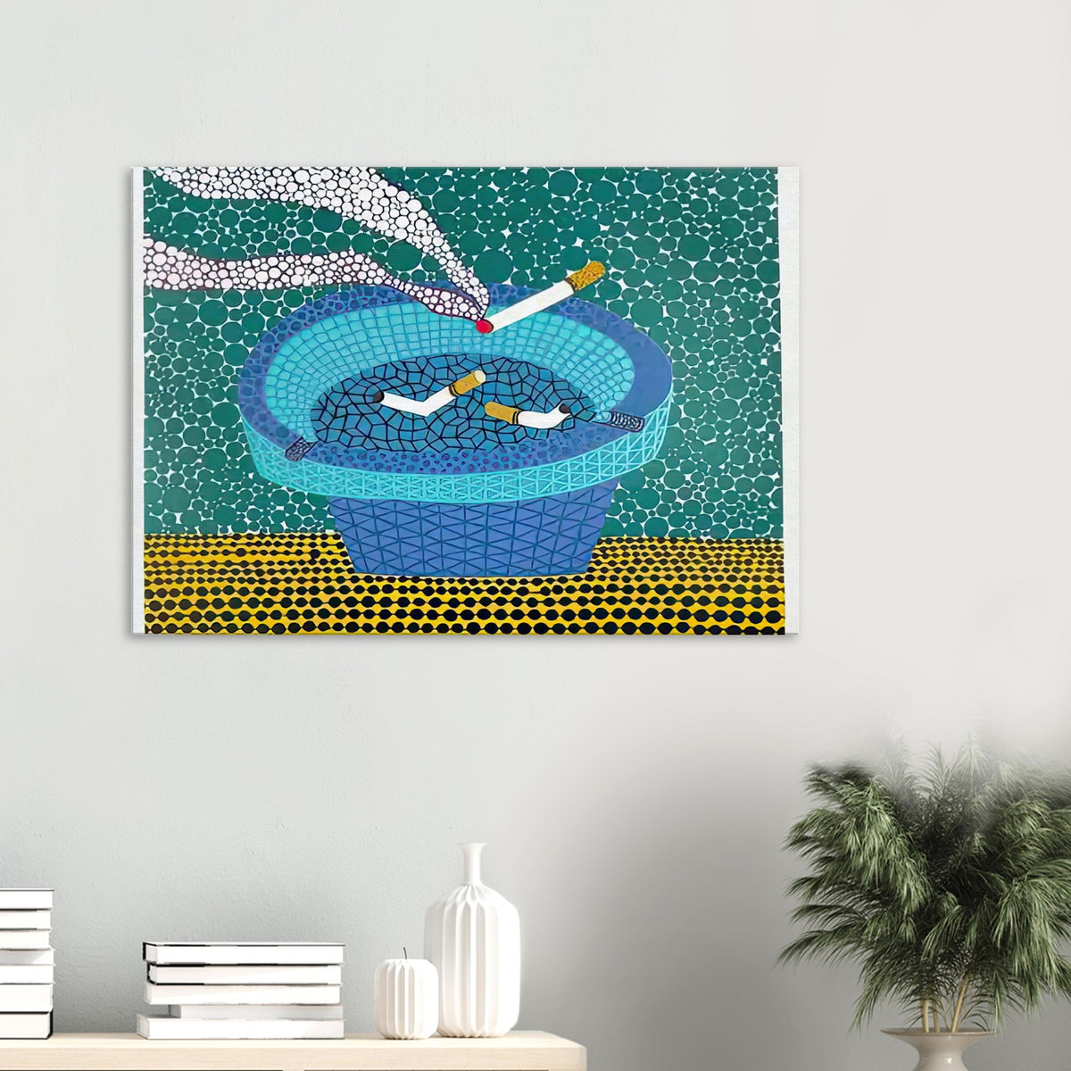Yayoi Kusama canvas print — Ashtray (2) returns to the everyday smoking accessory but distinguishes this image as a second listed treatment of the motif
