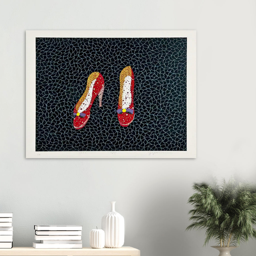Yayoi Kusama poster — Shoes (2) turns a footwear object into an image about shape, balance and individuality