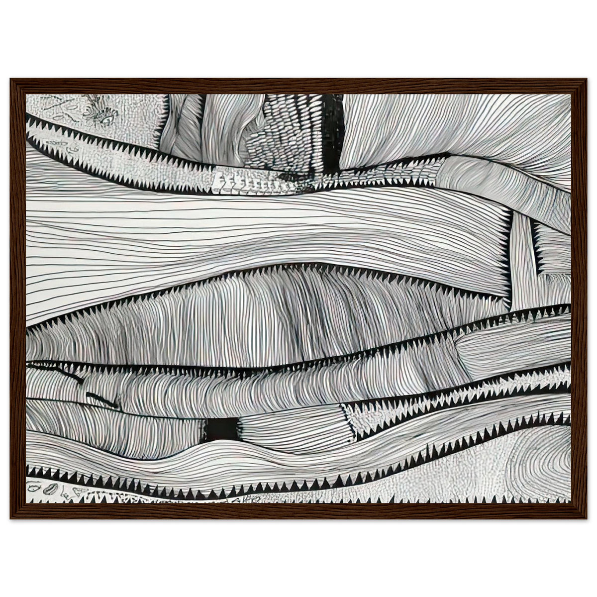 Yayoi Kusama framed print — Waves at Daybreak depicts the sea through the evocative meeting of moving water and the first light of morning, dark wood frame, 30x40 cm / 12x16″