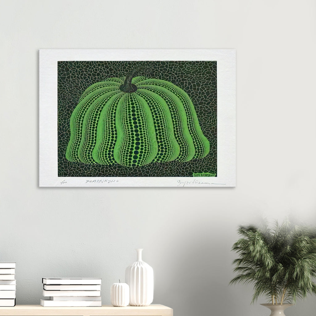 Yayoi Kusama canvas print — Pumpkin 2000 (Green) uses a green treatment to reinterpret one of Kusama’s most affectionate subjects