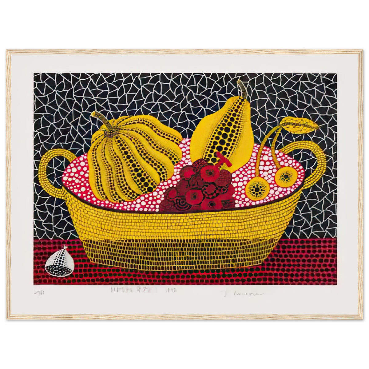 Yayoi Kusama framed print — Pumpkin and Fruits brings a dotted pumpkin into a richly populated still life rather than isolating the gourd on its own, wood frame, 60x80 cm / 24x32″