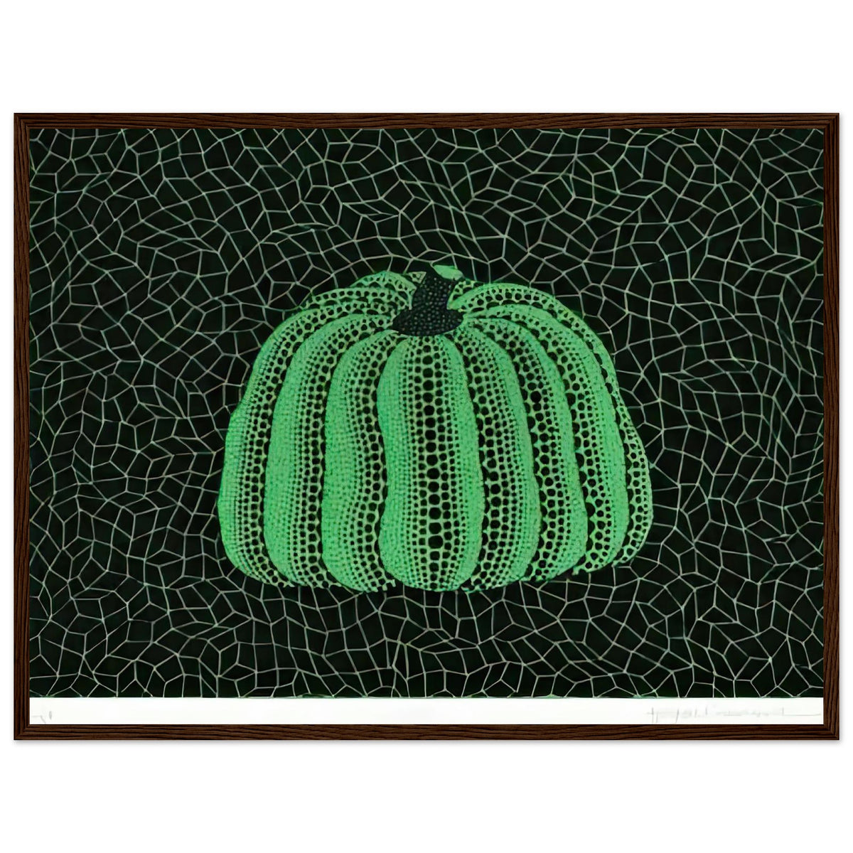 Yayoi Kusama framed print — Pumpkin (Green, Version 2) presents Kusama’s familiar pumpkin through an explicitly green variation, dark wood frame, 45x60 cm / 18x24″