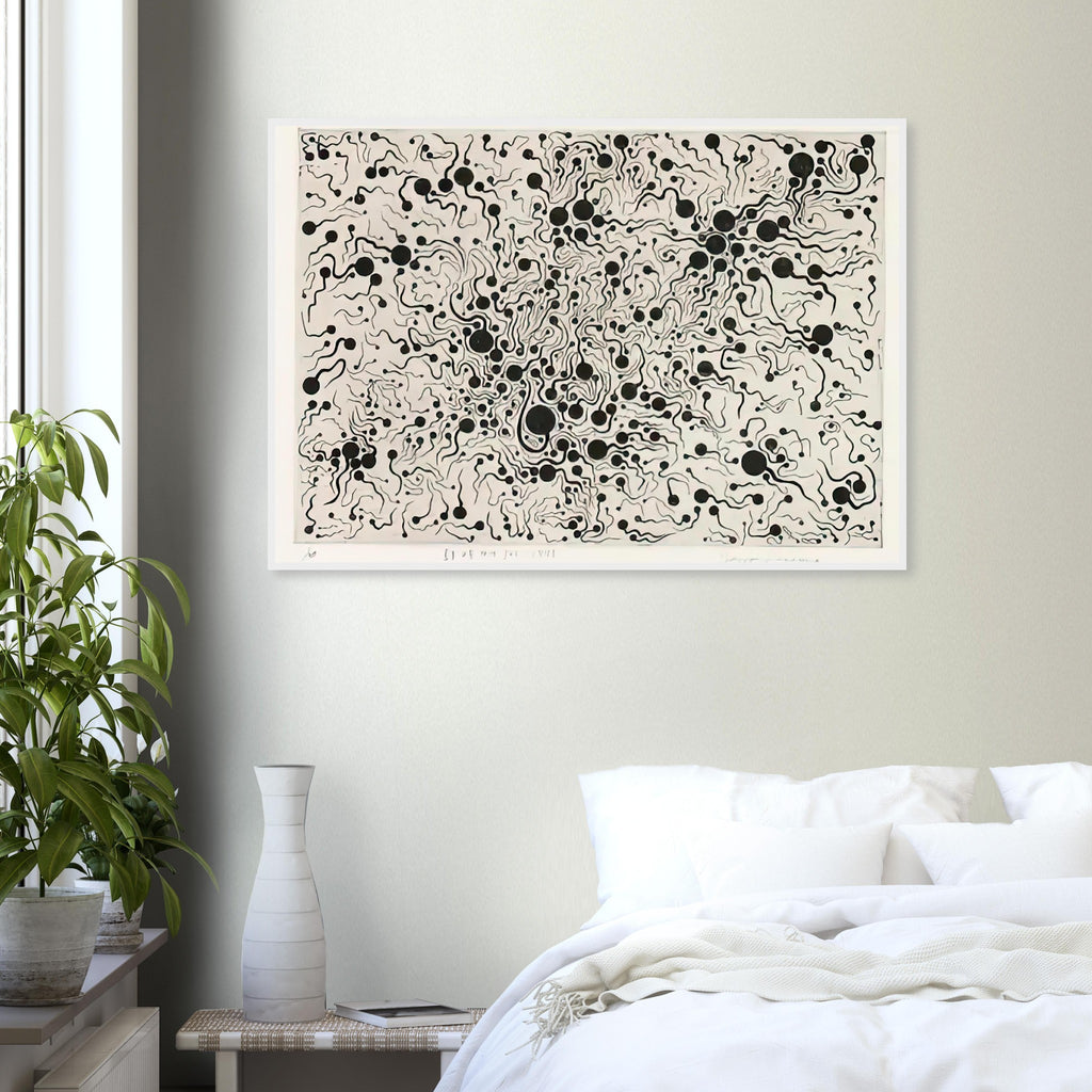 Yayoi Kusama framed print — River at Sunrise brings a moment of natural transition into Kusama’s printmaking imagery
