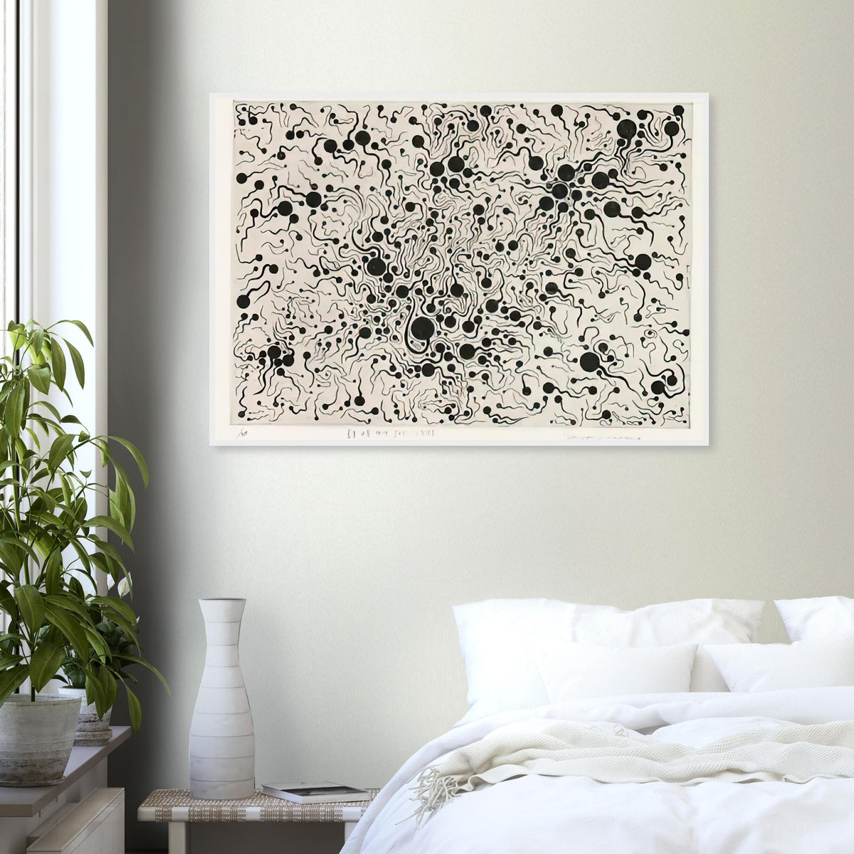 Yayoi Kusama framed print — River at Sunrise brings a moment of natural transition into Kusama’s printmaking imagery