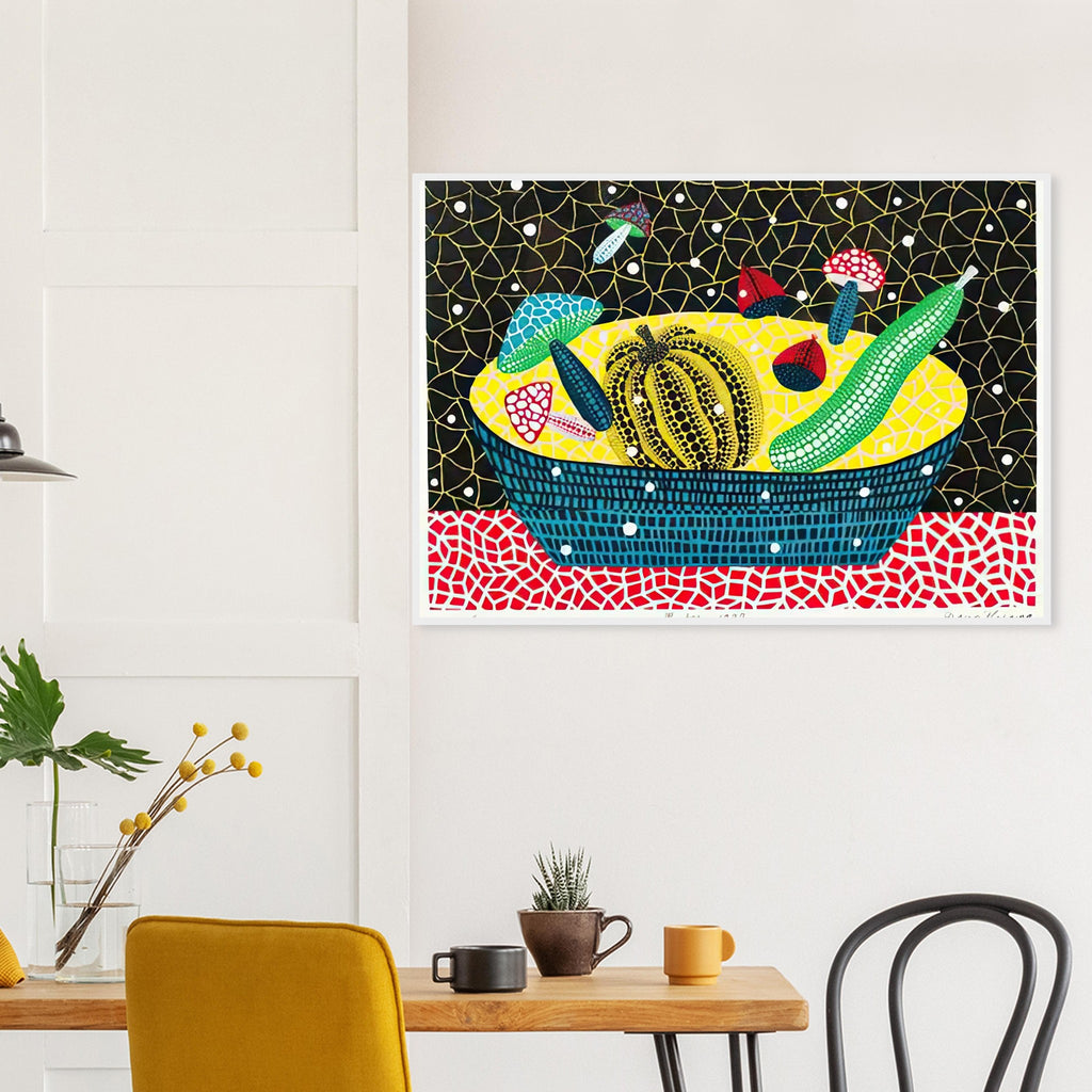 Yayoi Kusama framed print — Fruits (2) turns an arrangement of fruit into a deliberately ornamental still life