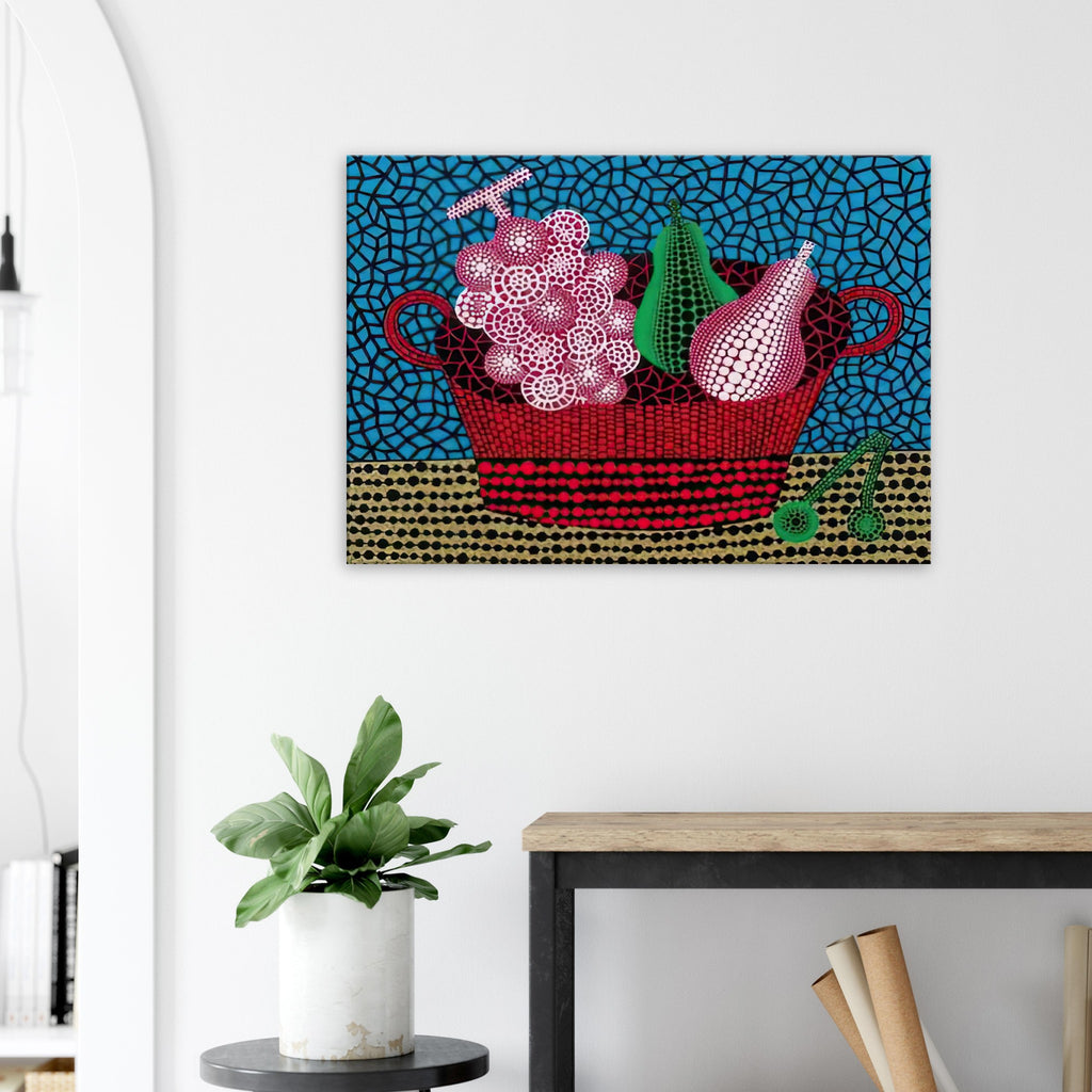 Yayoi Kusama canvas print — Panier de Fruits II from Amour pour Toujours turns a basket of fruit into a lively decorative still life