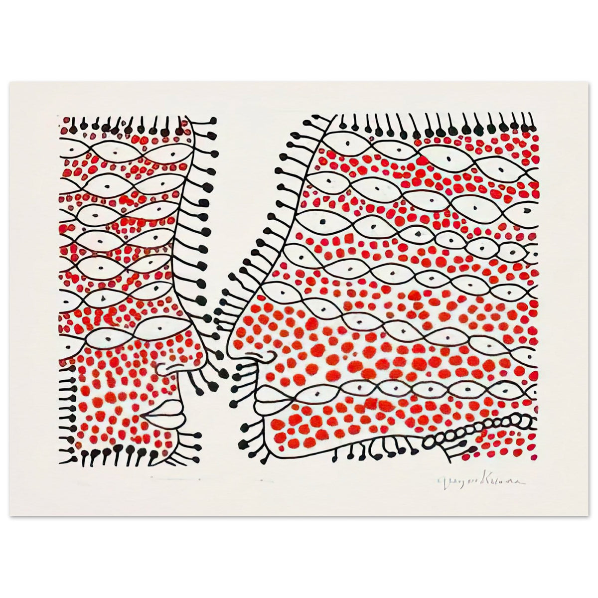 Yayoi Kusama poster — Beginning of Love suggests an intimate emotional moment expressed through Kusama’s recurring language of patterns and simple forms, 15x20 cm / 6x8″