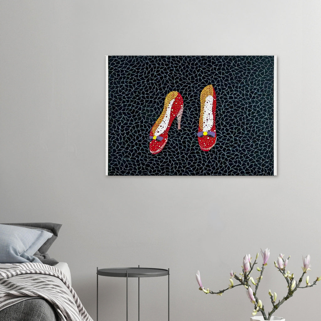 Yayoi Kusama canvas print — Shoes (2) turns a footwear object into an image about shape, balance and individuality