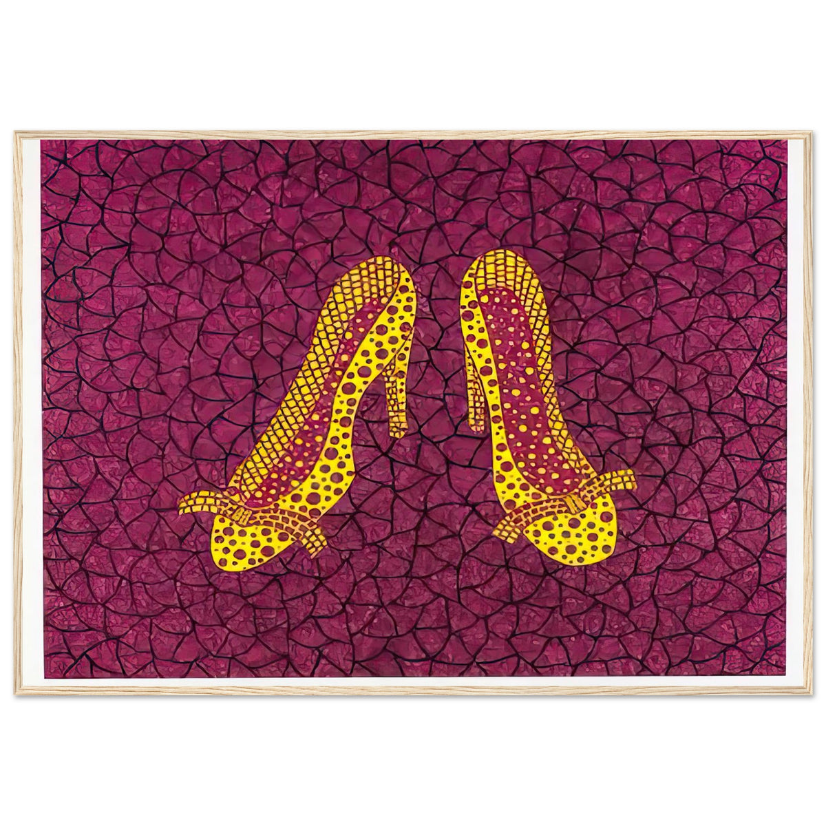 Yayoi Kusama framed print — High Heels (2) makes a fashion accessory the protagonist of a Kusama print, wood frame, 70x100 cm / 28x40″