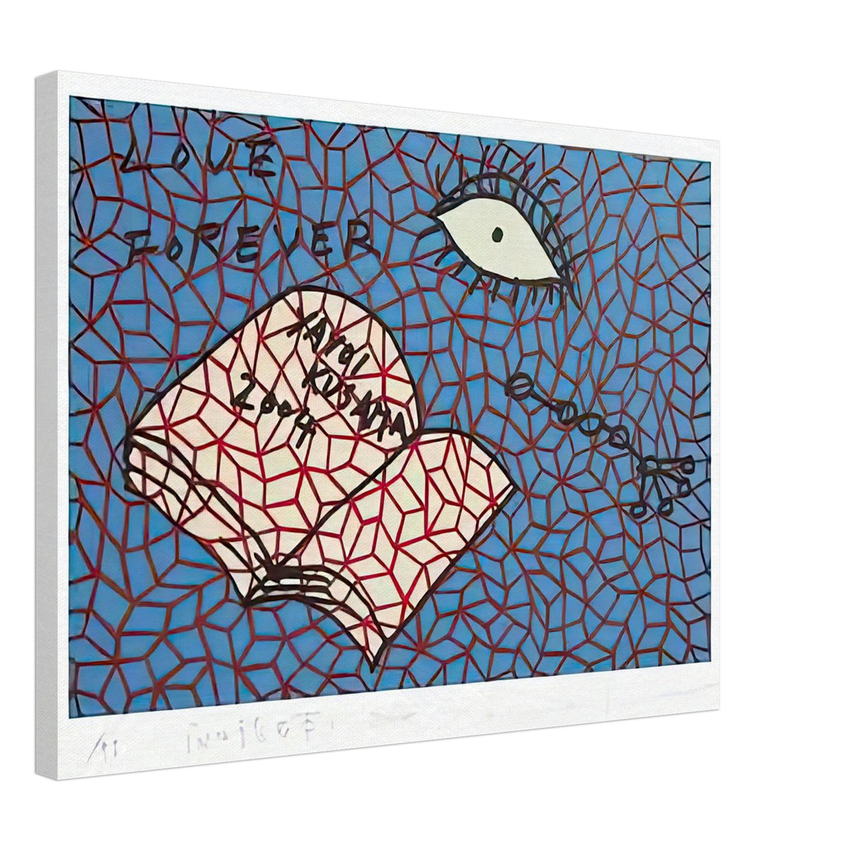 Yayoi Kusama canvas print — Book to Read at Night E places an illustrated book at the center of a strange, poetic visual world, 45x60 cm / 18x24″
