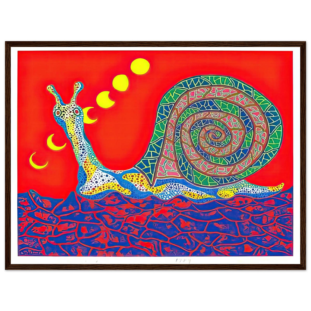 Yayoi Kusama framed print — Snail takes a slow-moving creature and makes its spiral shell and delicate movement the center of attention, dark wood frame, 45x60 cm / 18x24″