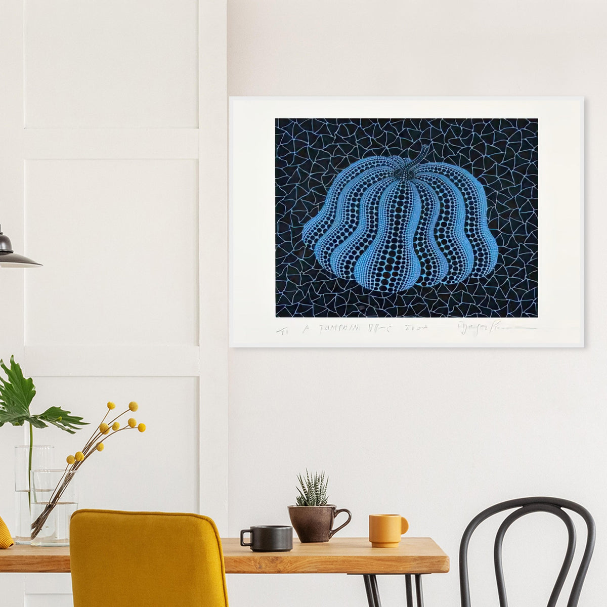 Yayoi Kusama framed print — Pumpkin (BB-C) [Kusama 330] revisits Kusama’s best-known vegetable through the relationship between its distinctive form and repeating ornament