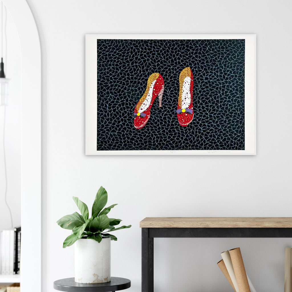 Yayoi Kusama framed print — Shoes (2) turns a footwear object into an image about shape, balance and individuality