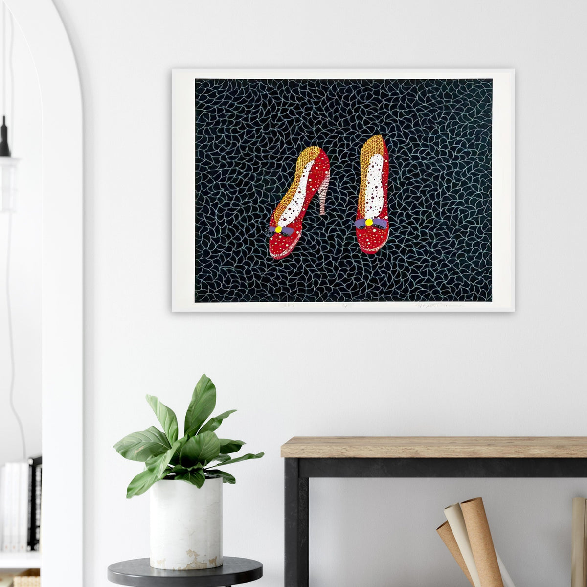 Yayoi Kusama framed print — Shoes (2) turns a footwear object into an image about shape, balance and individuality