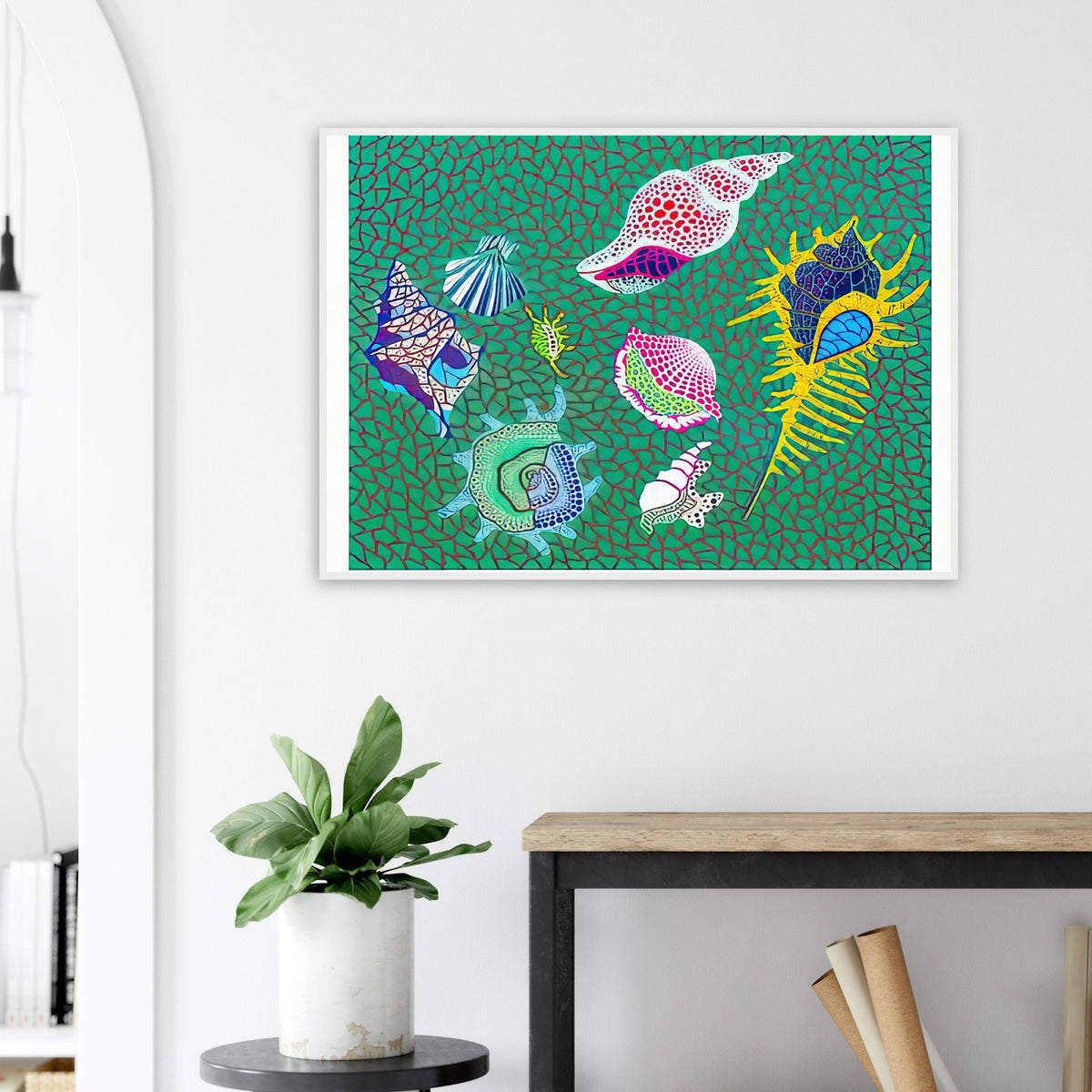 Yayoi Kusama framed print — Shells draws attention to small natural objects whose curved structures and repeating ridges are already pattern-like