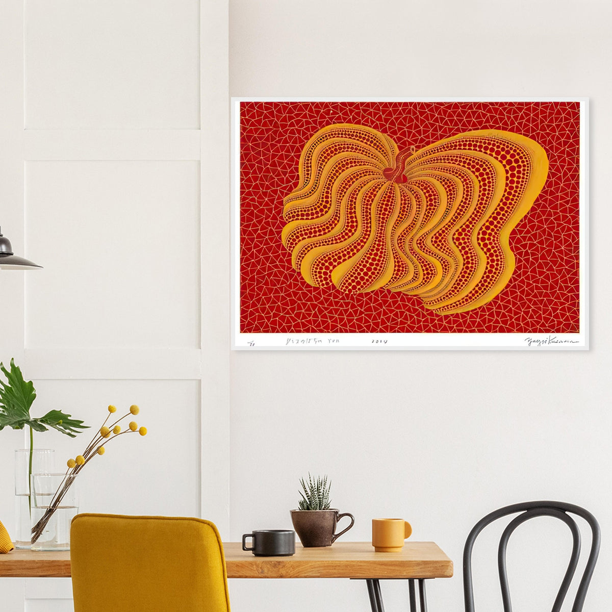 Yayoi Kusama framed print — Dancing Pumpkin (YOR) [Kusama 321] presents the gourd as a figure in motion