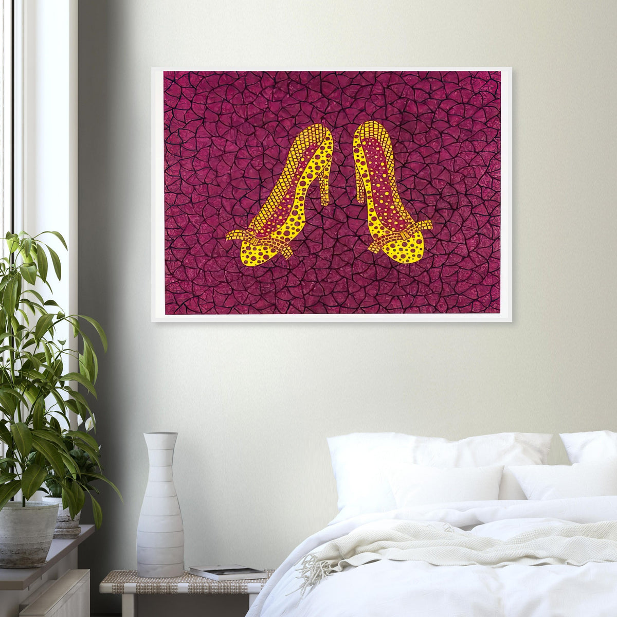 Yayoi Kusama framed print — High Heels (2) makes a fashion accessory the protagonist of a Kusama print