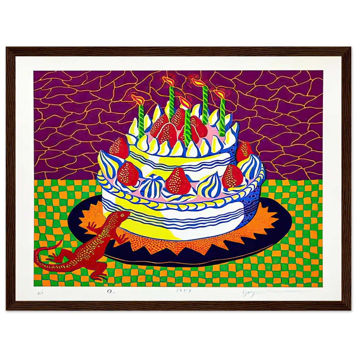 Yayoi Kusama framed print — Night introduces a quieter, open-ended atmosphere into a body of work often associated with highly charged repetition, dark wood frame, 30x40 cm / 12x16″