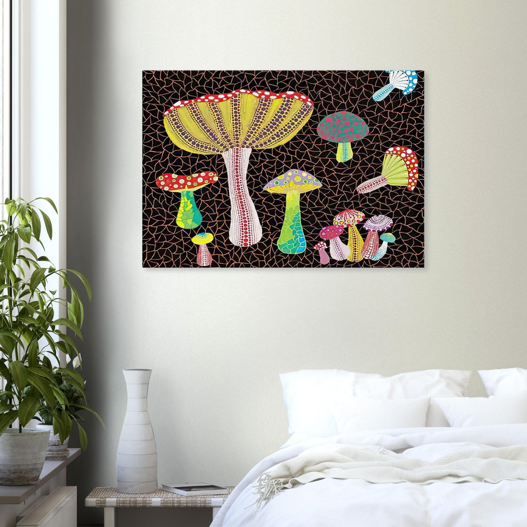 Yayoi Kusama canvas print — Toadstools explores the eccentric shapes of woodland fungi, balancing rounded caps and slender supports