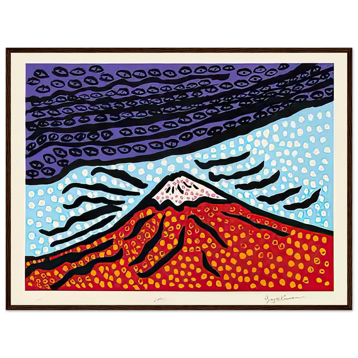 Yayoi Kusama framed print — Mt. Fuji Is the Home of My Heart presents Japan’s most recognizable mountain as a subject of personal belonging rather than simple, dark wood frame, 60x80 cm / 24x32″