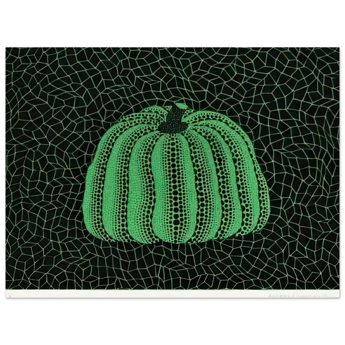 Yayoi Kusama poster — Pumpkin (Green, Version 2) presents Kusama’s familiar pumpkin through an explicitly green variation, 15x20 cm / 6x8″