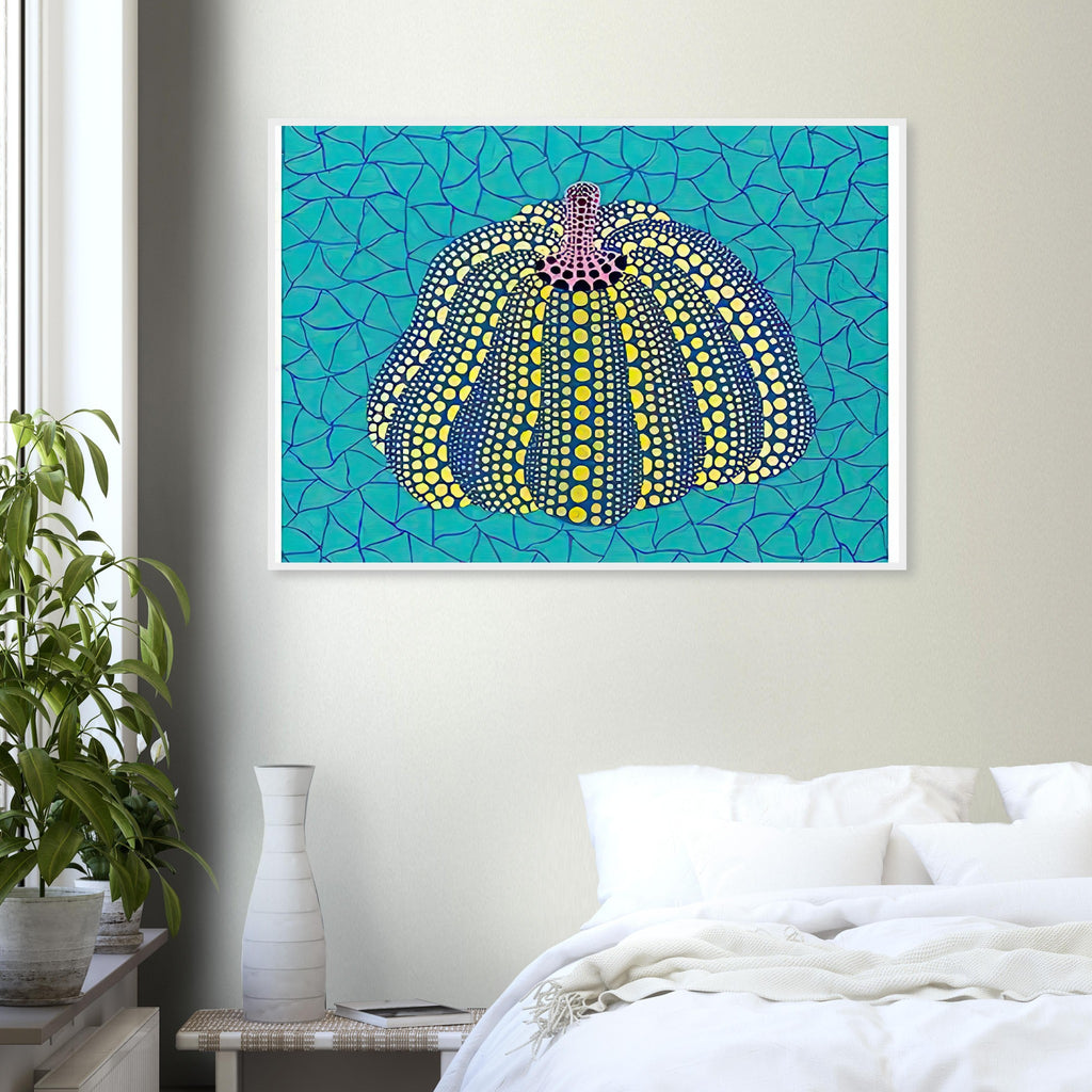 Yayoi Kusama framed print — Pumpkin (OG) [Kusama 156] revisits Kusama’s best-known vegetable through the relationship between its distinctive form and repeating ornament