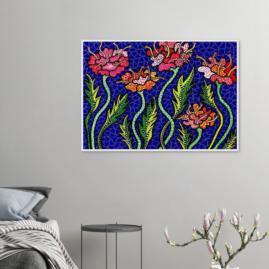 Yayoi Kusama framed print — Summer Flowers brings a seasonal specificity to Kusama’s botanical imagery, suggesting a moment of warmth and vigorous bloom