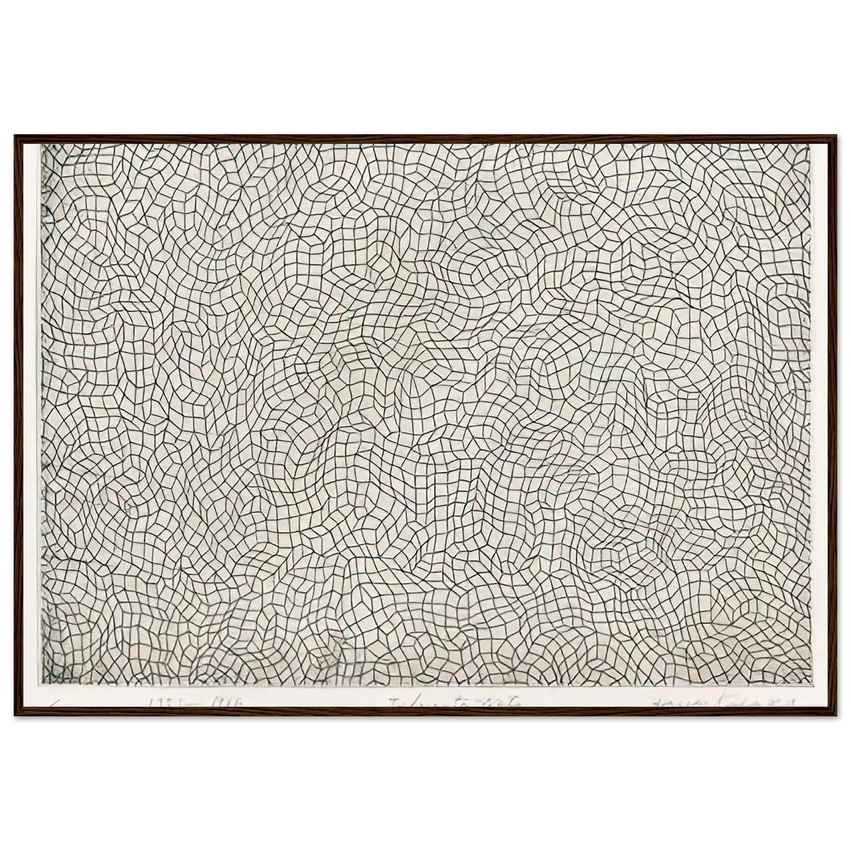 Yayoi Kusama framed print — Infinity Nets [Kusama 51] explores Kusama’s Infinity Net as a field built from countless repeated marks, dark wood frame, 70x100 cm / 28x40″