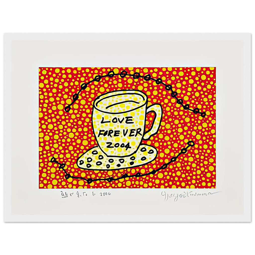 Yayoi Kusama framed print — Morning Is Here (E) joins a series of compact 2004 prints in which the beginning of the day becomes a subject for personal symbols and tightly controlled graphic, white frame, 30x40 cm / 12x16″