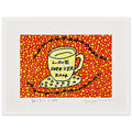 Yayoi Kusama framed print — Morning Is Here (E) joins a series of compact 2004 prints in which the beginning of the day becomes a subject for personal symbols and tightly controlled graphic, white frame, 30x40 cm / 12x16″