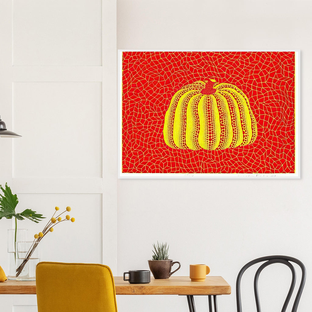 Yayoi Kusama framed print — Pumpkin Orange presents Kusama’s familiar pumpkin through an explicitly orange variation