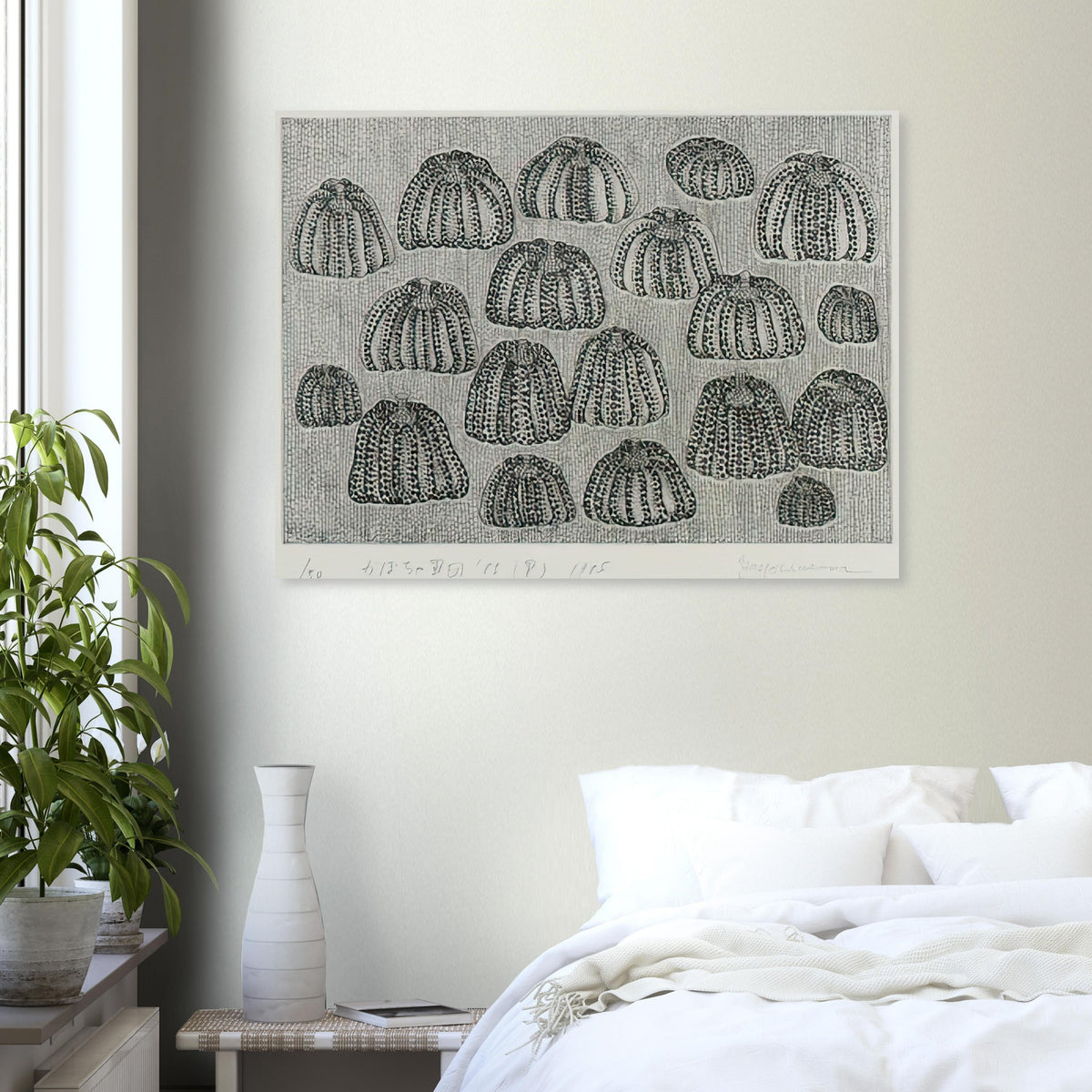 Yayoi Kusama poster — Pumpkin Army (black and white) turns a single familiar vegetable into a collective presence