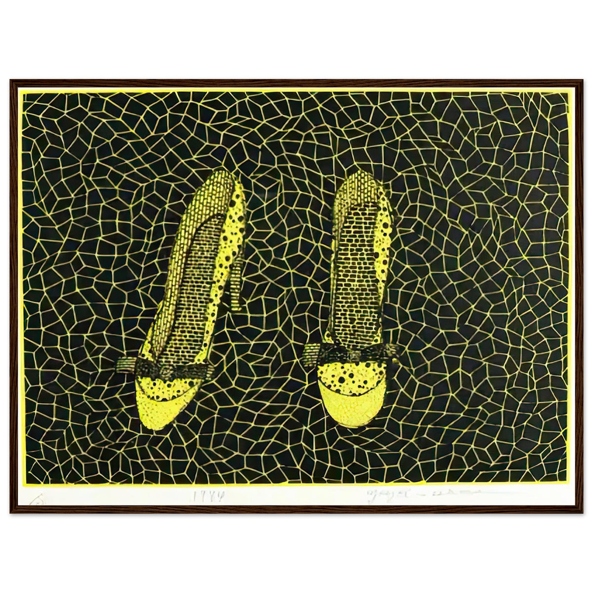 Yayoi Kusama framed print — Shoes (3) turns a footwear object into an image about shape, balance and individuality, dark wood frame, 60x80 cm / 24x32″