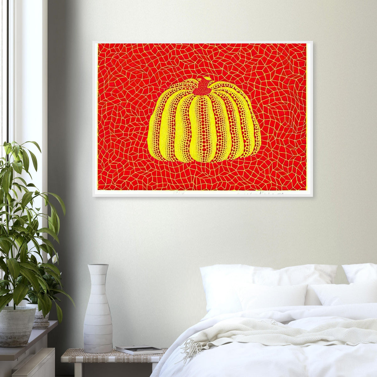 Yayoi Kusama framed print — Pumpkin Orange presents Kusama’s familiar pumpkin through an explicitly orange variation