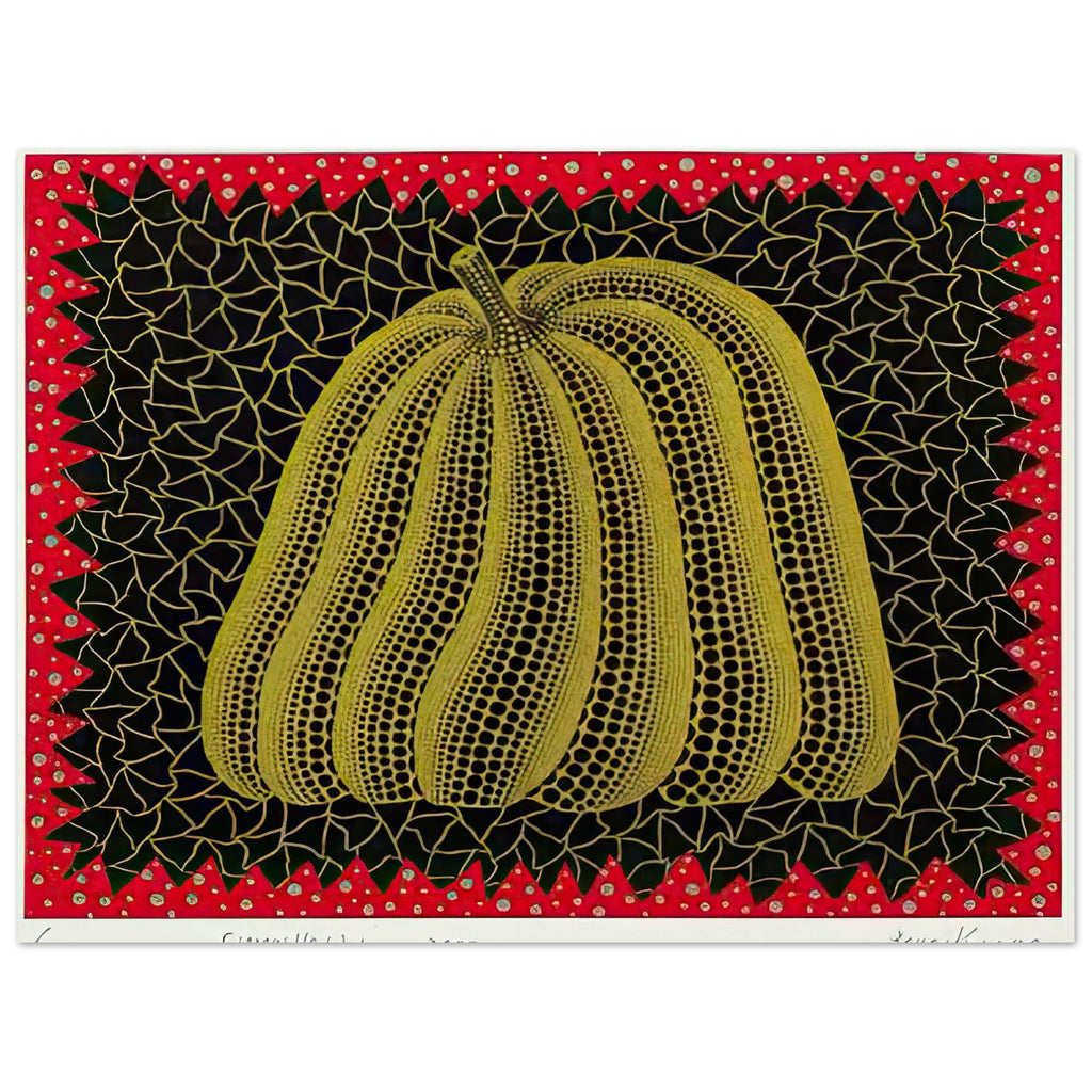 Yayoi Kusama poster — Citrouille I from Amour pour Toujours gives Kusama’s beloved pumpkin a celebratory role within a portfolio devoted to love, 15x20 cm / 6x8″