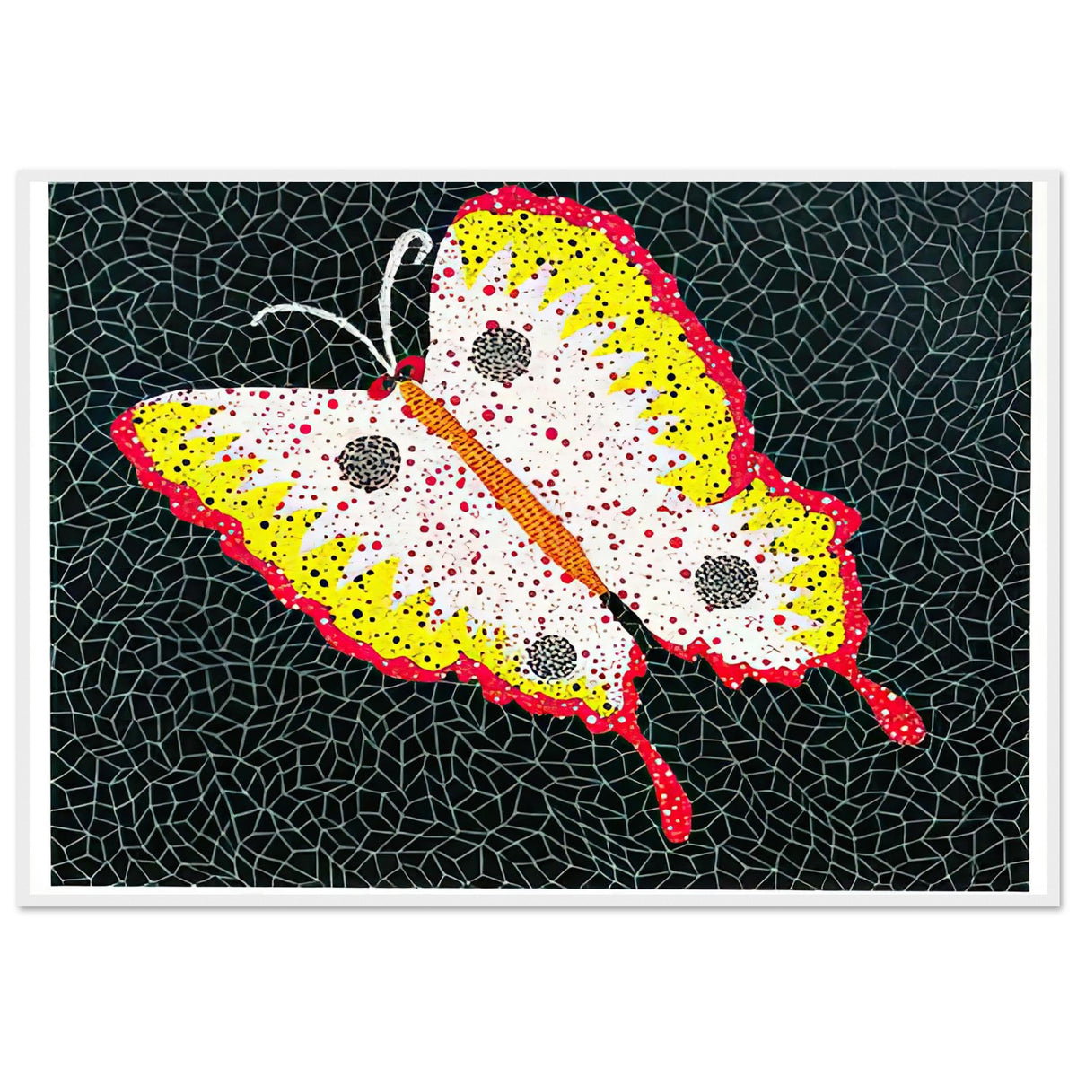 Yayoi Kusama framed print — Butterfly [Kusama 81] by Yayoi Kusama takes the lightness of a butterfly and gives it graphic intensity through pattern, white frame, 70x100 cm / 28x40″