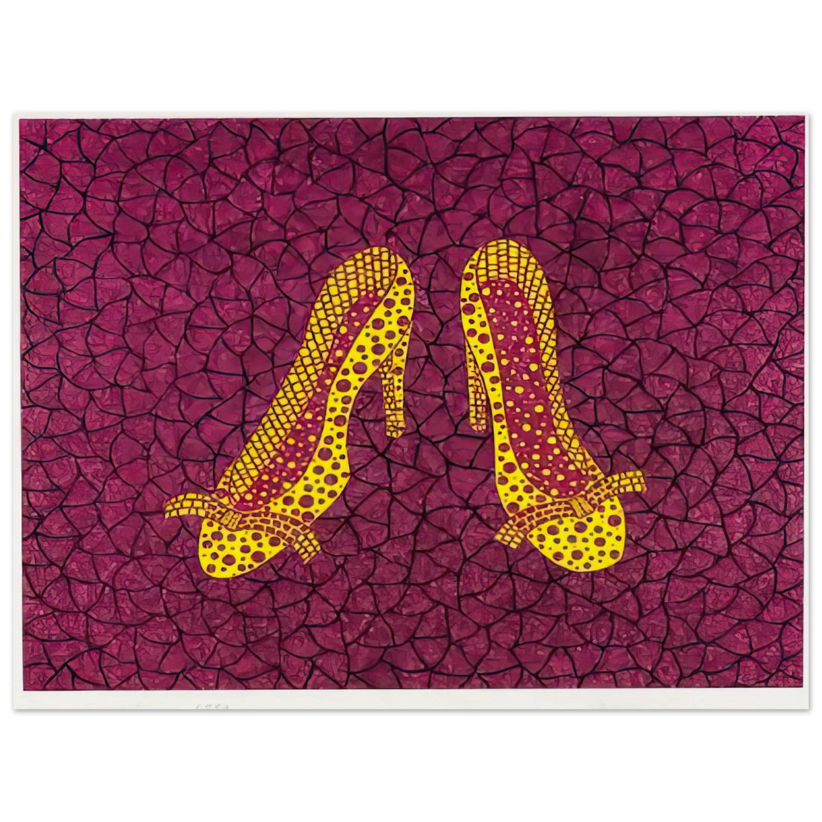 Yayoi Kusama poster — High Heels (2) makes a fashion accessory the protagonist of a Kusama print, 15x20 cm / 6x8″