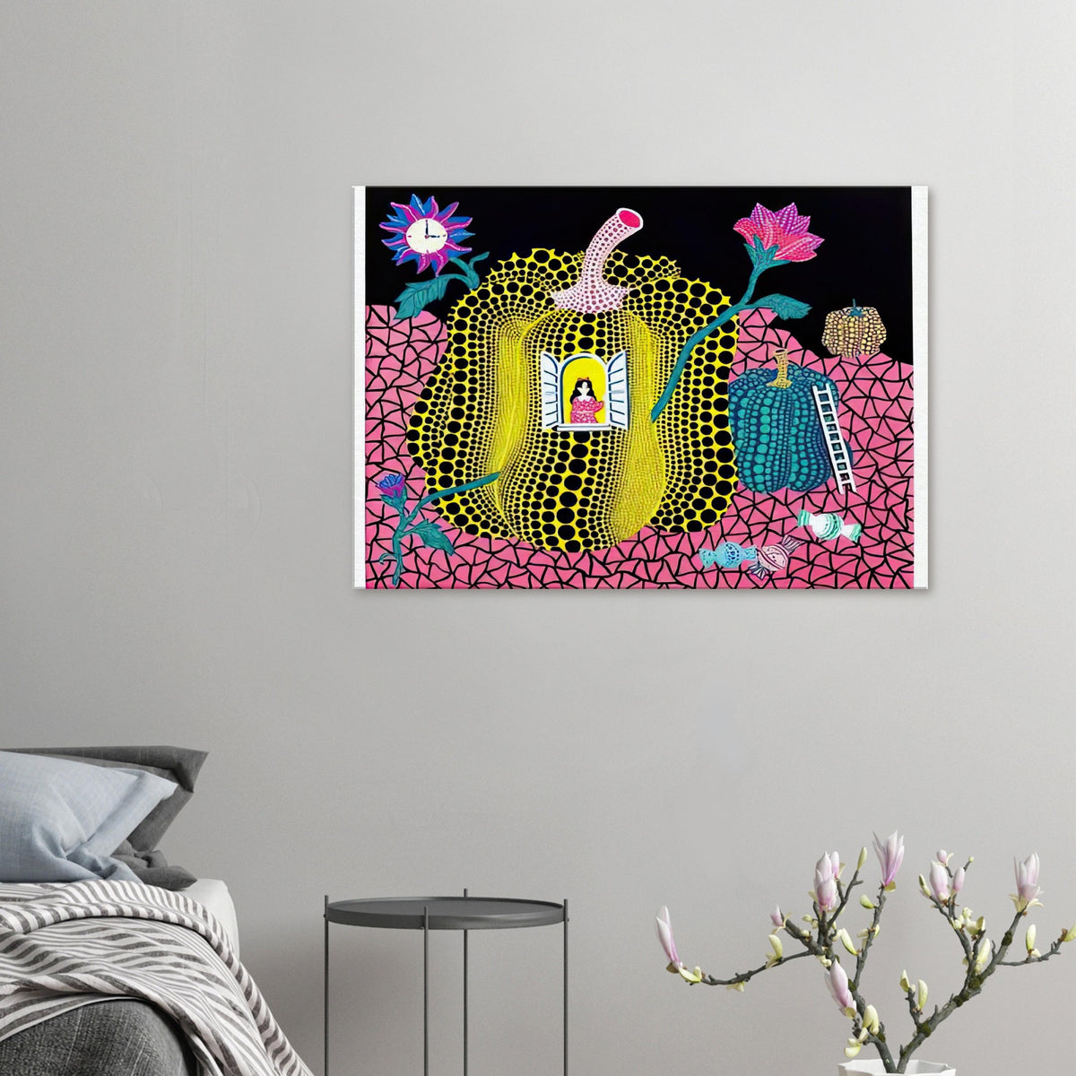 Yayoi Kusama canvas print — Hello (Image 1) is presented here as a poster based on Yayoi Kusama’s artwork