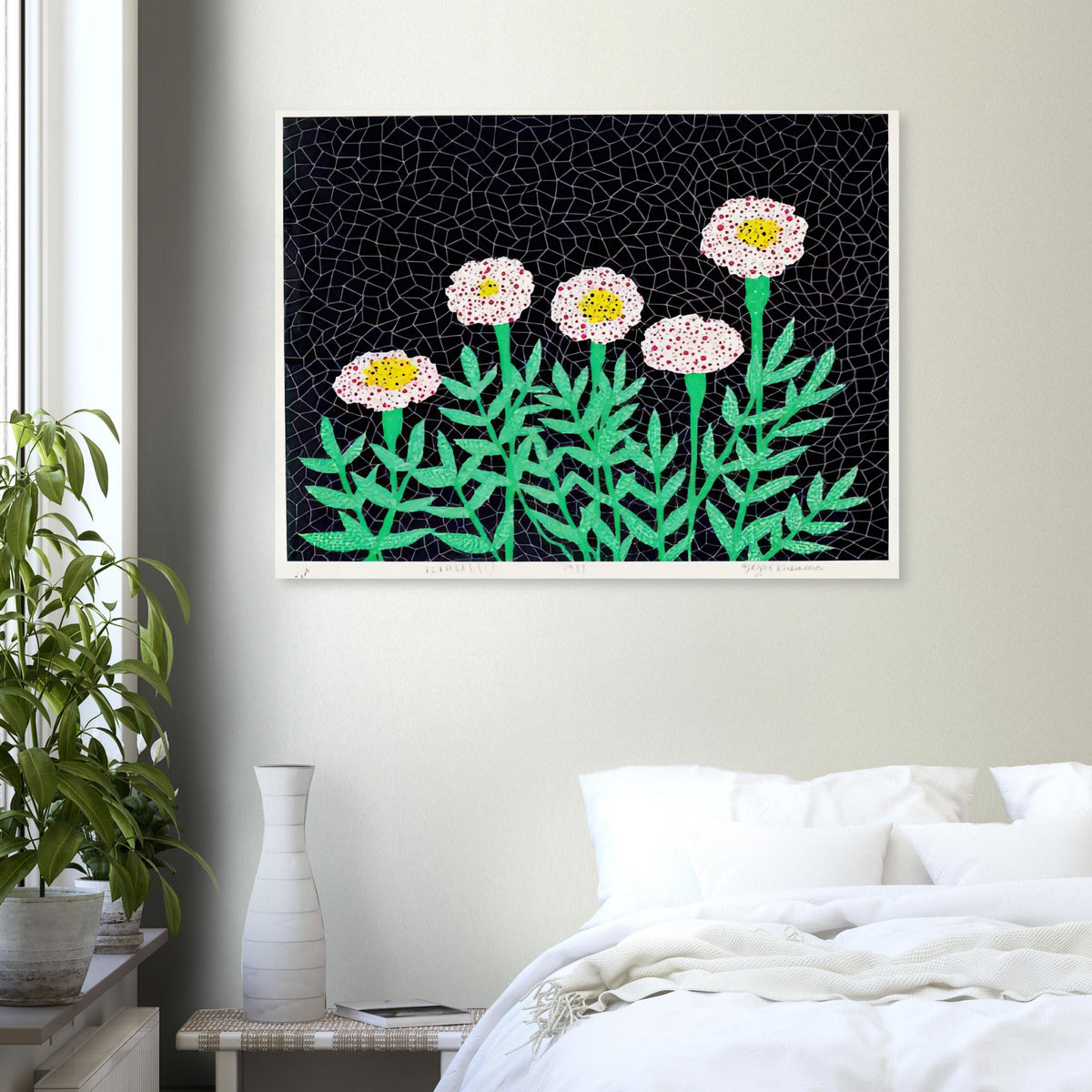 Yayoi Kusama poster — Flowers 1 places blooming forms at the center of the composition