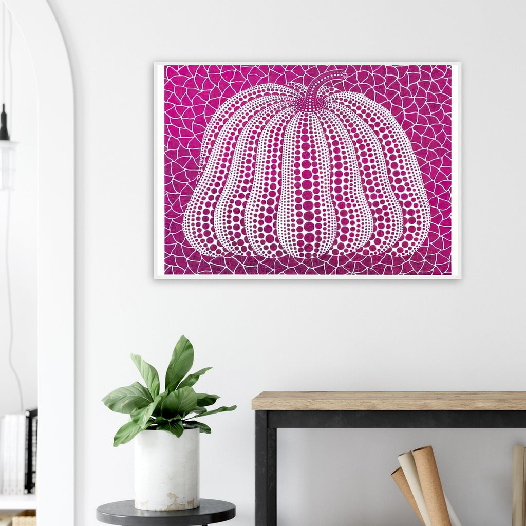 Yayoi Kusama framed print of Pumpkin Purple — pumpkin Purple presents Kusama’s familiar pumpkin through an explicitly purple variation. The simple vegetable becomes a character-like artistic presence when its rounded form is combined with repeated marks