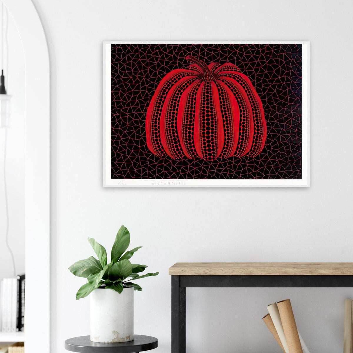 Yayoi Kusama framed print — Pumpkin (RY) [Kusama 233] revisits Kusama’s best-known vegetable through the relationship between its distinctive form and repeating ornament