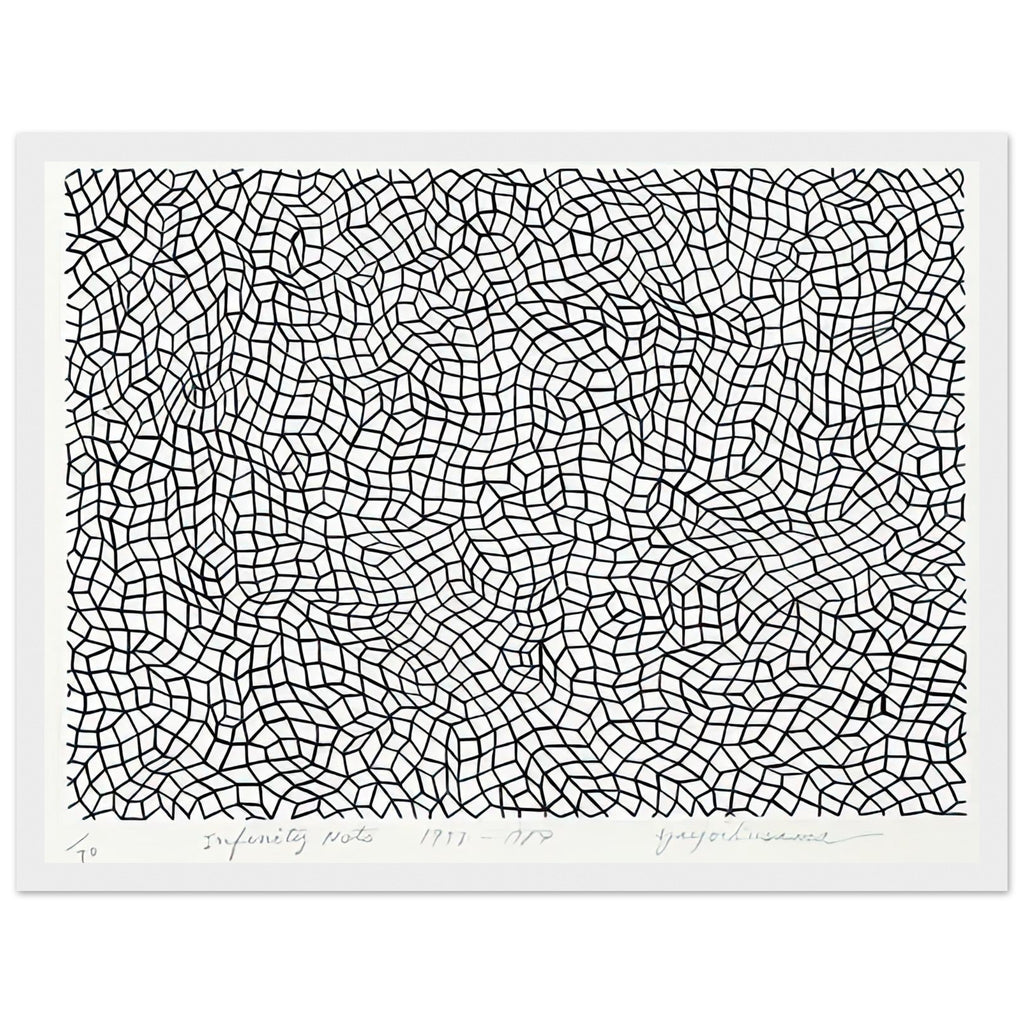 Yayoi Kusama framed print — Infinity Nets [Kusama 48] explores Kusama’s Infinity Net as a field built from countless repeated marks, white frame, 30x40 cm / 12x16″
