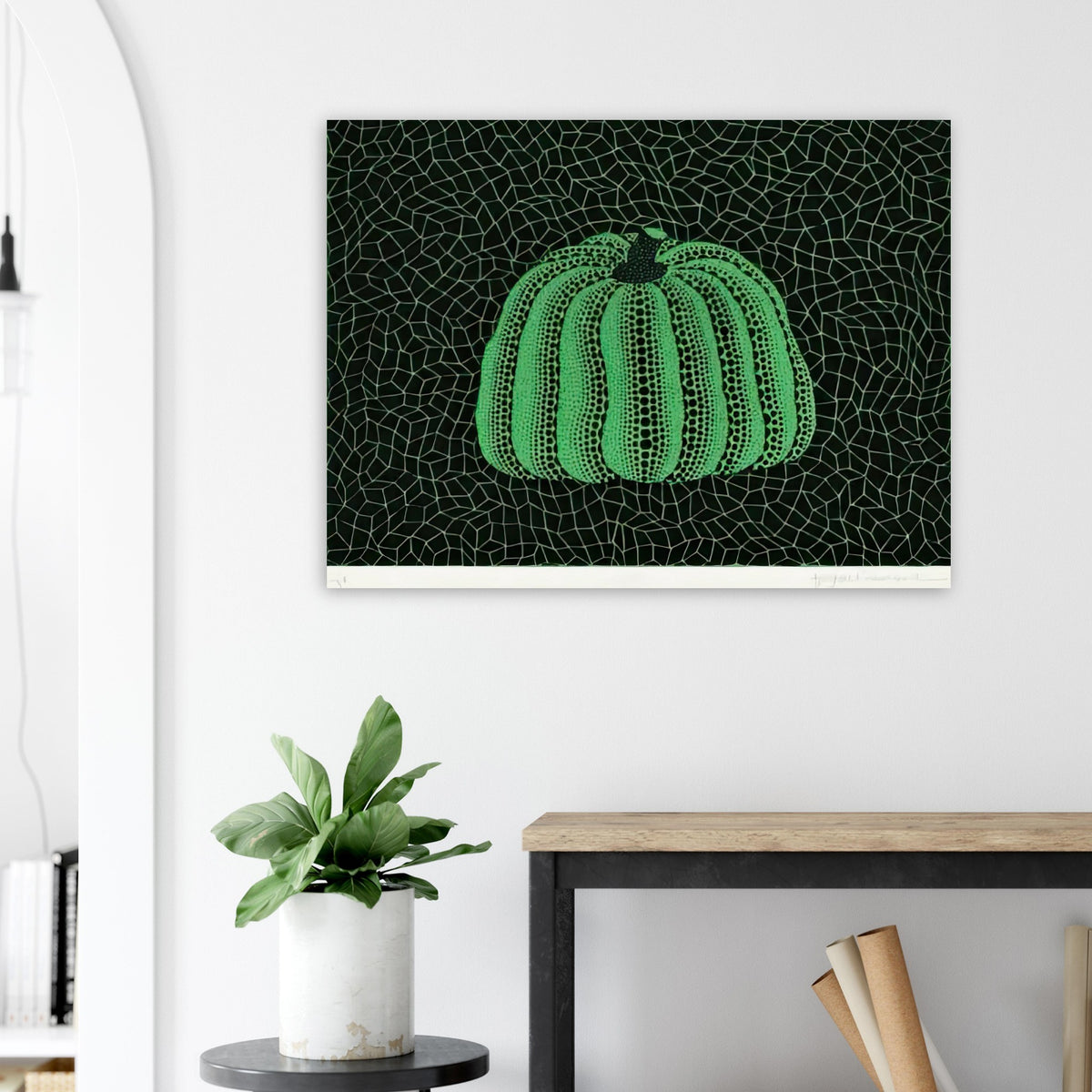 Yayoi Kusama poster — Pumpkin (Green, Version 2) presents Kusama’s familiar pumpkin through an explicitly green variation