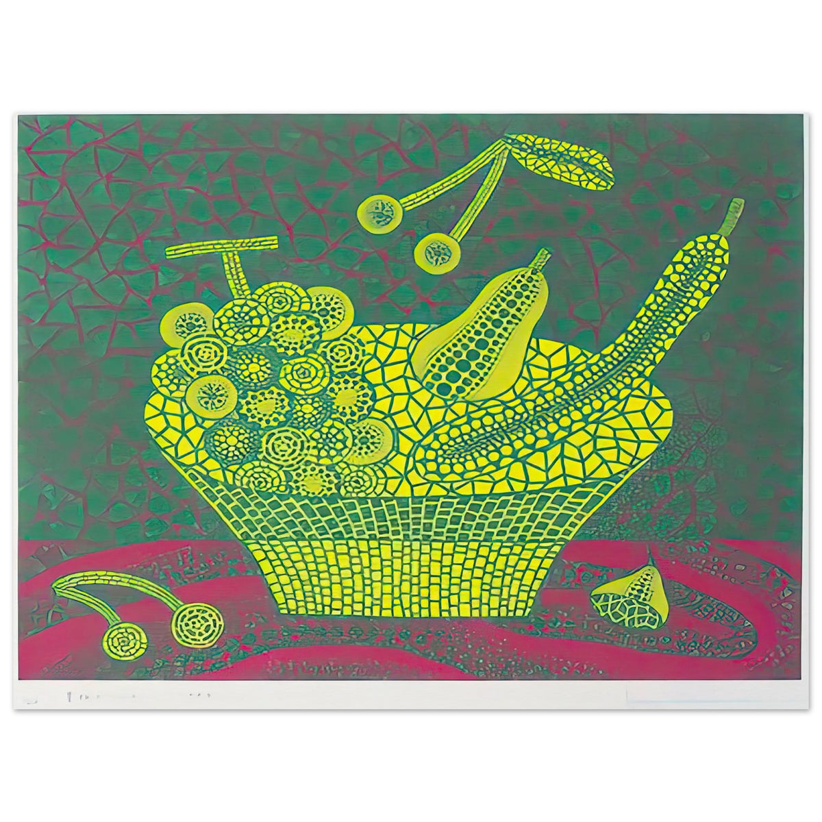 Yayoi Kusama poster — Fruit Basket (4) by Yayoi Kusama explores one of the artist’s recurring subjects: the abundance of ordinary fruit, 30x40 cm / 12x16″