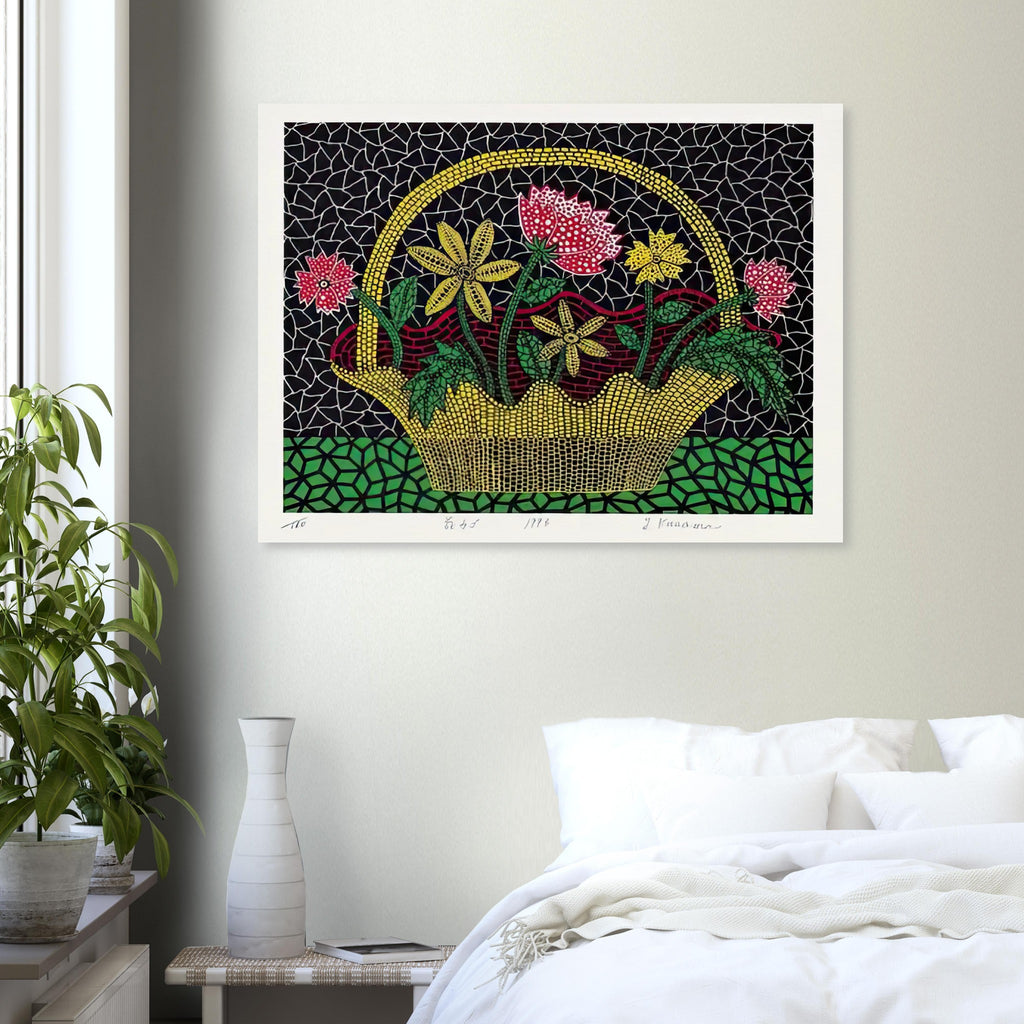 Yayoi Kusama poster — Flower Basket brings a traditional still-life arrangement into Kusama’s unmistakably decorative, pattern-driven world