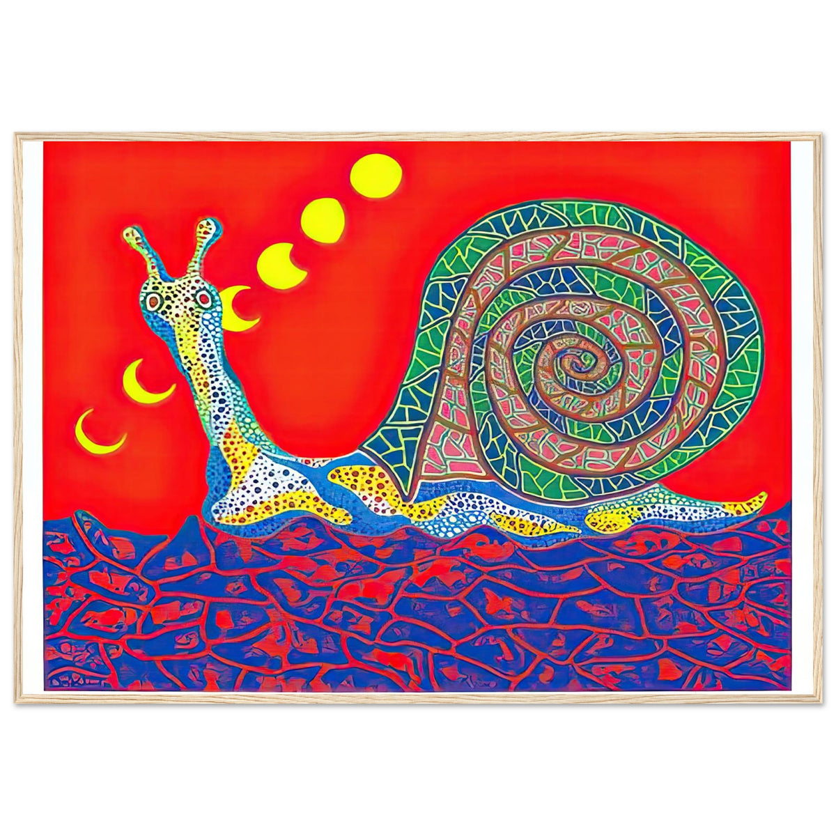 Yayoi Kusama framed print — Snail takes a slow-moving creature and makes its spiral shell and delicate movement the center of attention, wood frame, 70x100 cm / 28x40″
