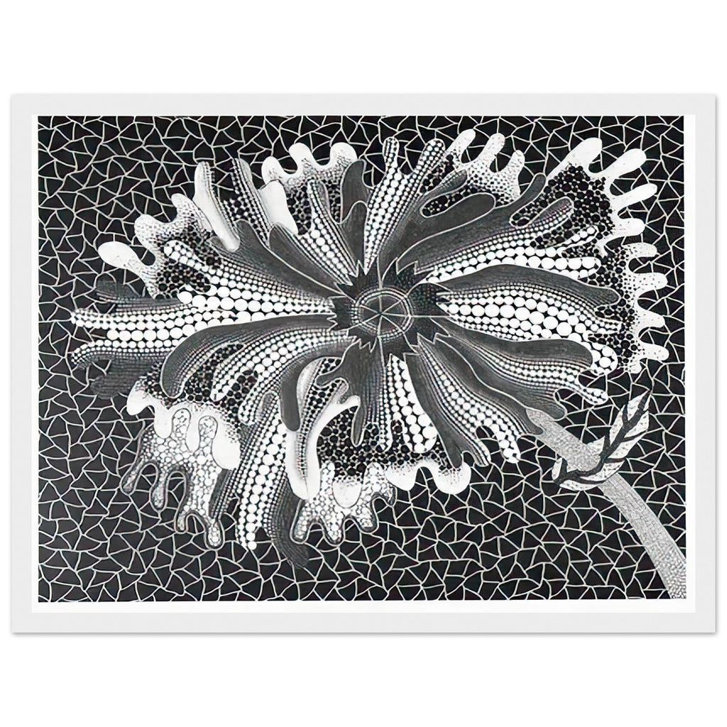 Yayoi Kusama framed print — Flower (XL) treats a single flowering motif as a complete visual world, white frame, 30x40 cm / 12x16″