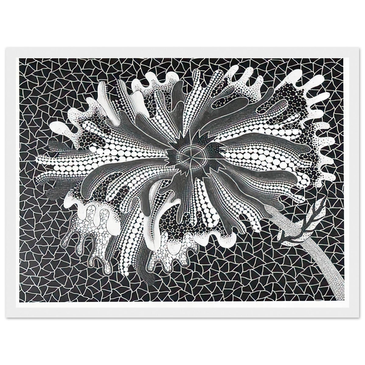 Yayoi Kusama framed print — Flower (XL) treats a single flowering motif as a complete visual world, white frame, 30x40 cm / 12x16″
