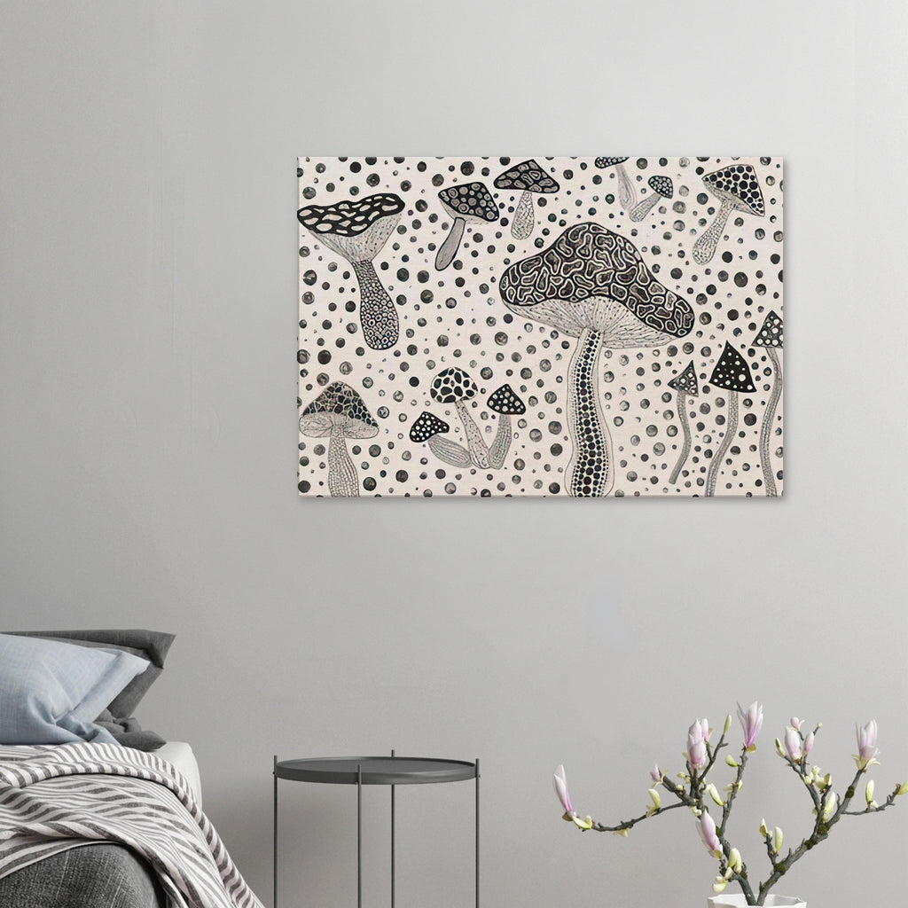 Yayoi Kusama canvas print — Mushrooms brings a humble woodland organism into Kusama’s world of organic growth and proliferating forms